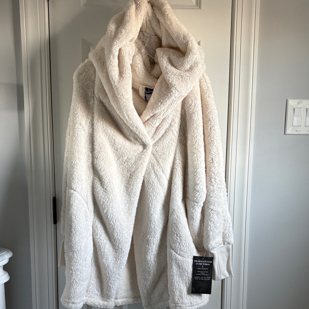 NWT Ivory Cream White Jill Martin Hooded Fleece Sweater Coat XS/S